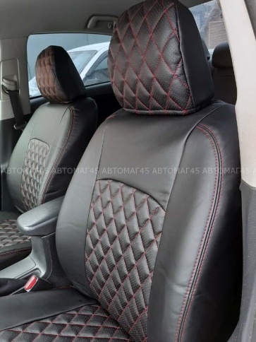 Авточехлы  Toyota Corolla Тойота Королла 2007-2013г кузов 150 экокожа черная нить красная ромб    фото 3