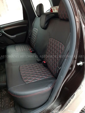 Авточехлы  Renault Duster до 2015г Sandero S.Stepway до 15г 2/3 Terrano 14-16 экокожа крас.нить ромб фото 8