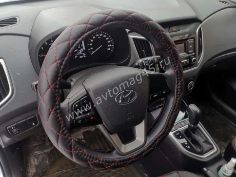 IGG  719 оплетка руля экокожа черный стеганый с красной отстрочкой    фото 6