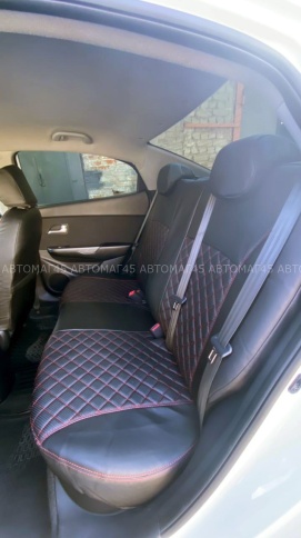 Авточехлы  Kia Rio Киа Рио 2011-2017г Hyundai Solaris 2011-2017г экокожа черная красная нить ромб    фото 3