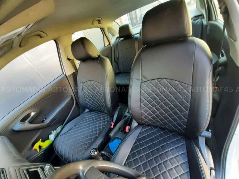 Авточехлы  Volkswagen Polo Фольцваген Поло седан 1/1 2010-2020г экокожа черная синяя нить Ромб    фото 12