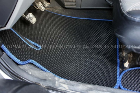 EVA ЭВА  коврики в салон Лада Приора ВАЗ 2110 черные синий кант рисунок ромб комплект 5шт    фото 2