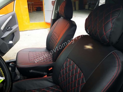 Авточехлы  Nissan Almera Ниссан Альмера 2013-2019г 2/3 экокожа черная красная нить ромб    фото 10