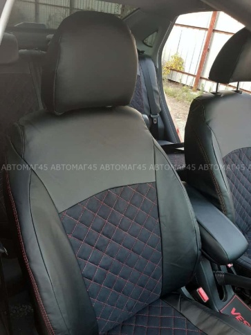 Авточехлы  Lada Vesta Лада Веста седан SW SW Cross экокожа алькантара черная с красной ниткой ромб   фото 3