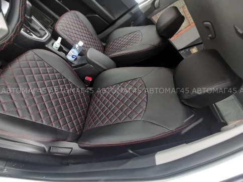 Авточехлы  Hyundai Creta 1 Хендай Крета 1 2015-2021г экокожа черная красная нить ромб    фото 2