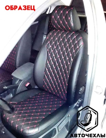 Авточехлы  Газель трехместная экокожа черная с красной ниткой ромб бабочка    фото 1
