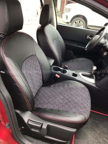 Авточехлы  Nissan Qashqai Ниссан Кашкай J11 2014-2022г экокожа алькантара черная серая нить ромб    фото 4