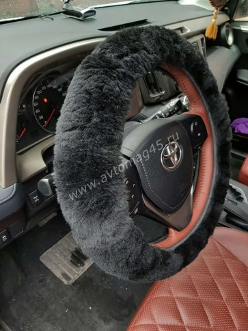Оплетка  руля натуральный мех на коже короткий ворс мутон черный    фото 6