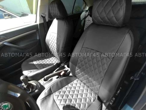 Авточехлы  Skoda Octavia A5 Шкода Октавиа А5 2008-2013г 2/3 экокожа черная бежевая нить ромб    фото 1