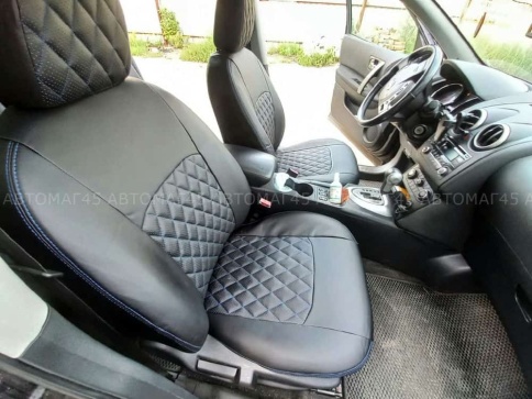 Авточехлы  Nissan Qashqai Ниссан Кашкай J10 2007-2014г экокожа черная синяя нить ромб    фото 5