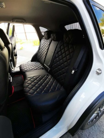 Авточехлы  Mazda CX-5 Мазда СХ-5 низ 3/3 верх 3/3 экокожа черная красная нить ромб    фото 8