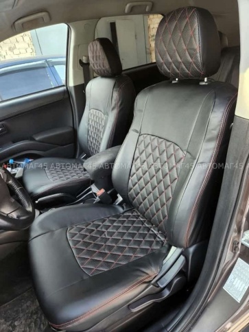 Авточехлы  Mitsubishi Outlander Мицубиси Аутлендер XL 2006-2012г экокожа черная красная нить ромб    фото 5