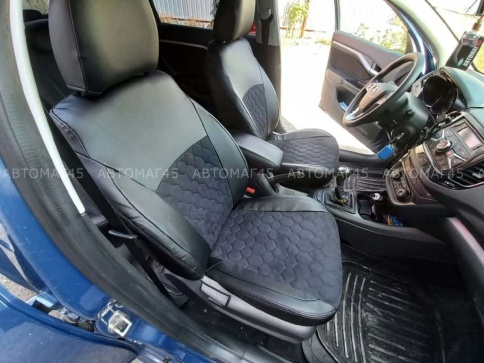 Авточехлы  Kia Rio с 2017г Rio X-Line с 2017г Hyundai Solaris c 2017г экокожа алькантара черная соты фото 2