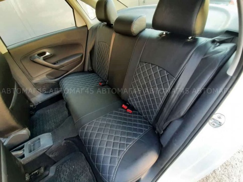 Авточехлы  Volkswagen Polo Фольцваген Поло седан 1/1 2010-2020г экокожа черная синяя нить Ромб    фото 10
