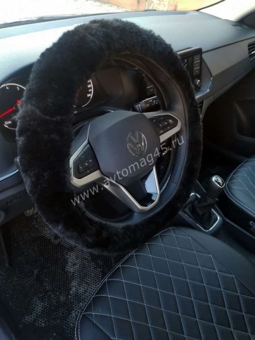 Оплетка  руля натуральный мех на коже короткий ворс мутон черный    фото 4