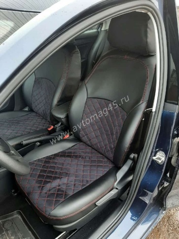 Авточехлы  Skoda Rapid с 2012г 2/3 Volkswagen Polo л/б с 2020г экокожа алькантара черная крас.н ромб фото 1