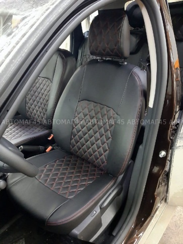 Авточехлы  Renault Duster до 2015г Sandero S.Stepway до 15г 2/3 Terrano 14-16 экокожа крас.нить ромб фото 6