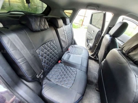 Авточехлы  Nissan Qashqai Ниссан Кашкай J10 2007-2014г экокожа черная синяя нить ромб    фото 3