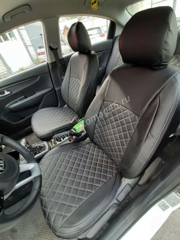 Авточехлы  Kia Rio с 2017г Rio X-Line с 2017г Hyundai Solaris c 2017г экокожа черная красн.нить ромб фото 10