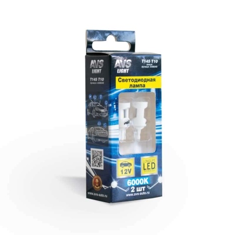 AVS  лампа светодиодная Т10 200Lm W5W 12-24V 6диодов 6000K с обманкой 2шт     фото 2