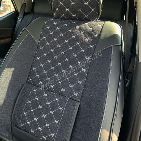 Чехлы  накидки на сиденье лен форма 2Д черный с белой/бежевой ниткой с поддержками комплект 5шт    фото 1
