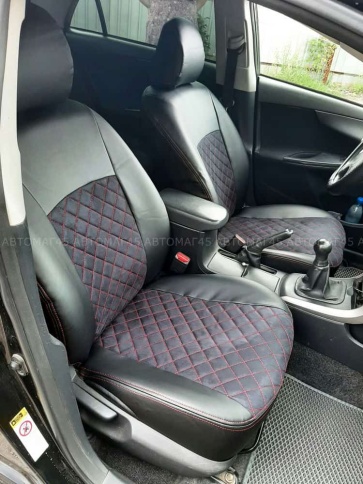 Авточехлы  Toyota Corolla Тойота Королла 2007-2013г кузов 150 экокожа алькант черная крас.нить ромб фото 6