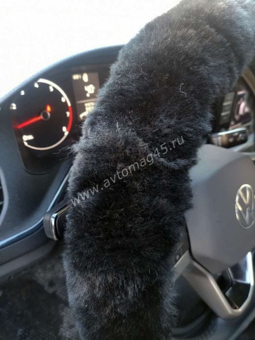 Оплетка  руля натуральный мех на коже короткий ворс мутон черный    фото 2