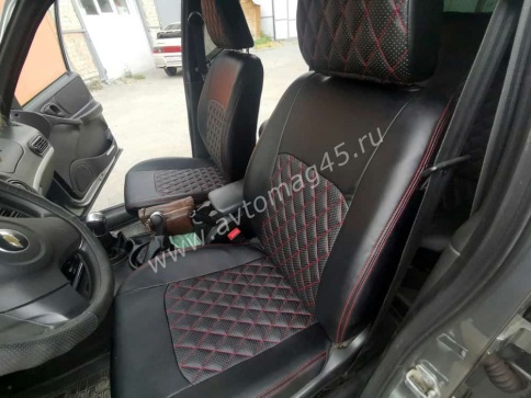 Авточехлы  Нива Шевроле Niva до 2014г экокожа черный с красной ниткой ромб    фото 2
