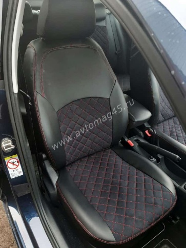 Авточехлы  Skoda Rapid с 2012г 2/3 Volkswagen Polo л/б с 2020г экокожа алькантара черная крас.н ромб фото 7