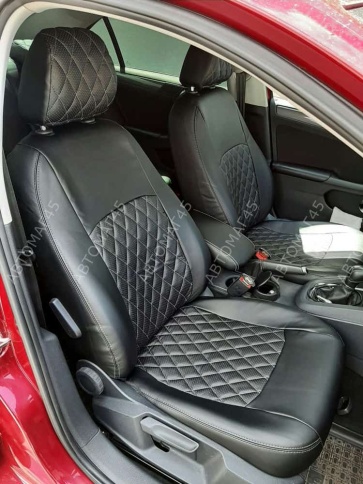 Авточехлы  Volkswagen Jetta Джетта 2010-2019г 6 поколение экокожа черная красная нить ромб    фото 7