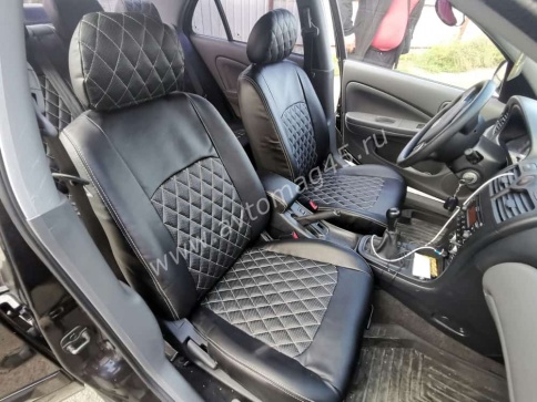 Авточехлы  Nissan Almera Ниссан Альмера 2000-2006г кузов N16 2/3 экокожа черная серая нить ромб    фото 1