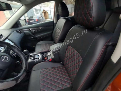 Авточехлы  Nissan X-Trail Ниссан Х-Трейл 2007-2014г кузов T31 экокожа черная красная нить ромб    фото 1