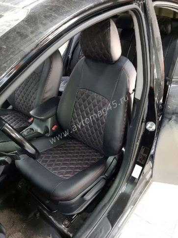 Авточехлы  Kia Cerato Киа Серато 2013-2020г 3 поколение экокожа черная красная нить ромб Динас    фото 2