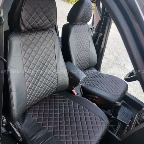 Авточехлы  ВАЗ 2111 2112 Приора хэтчбек до 2014г экокожа черная с красной ниткой ромб Барс   фото 4