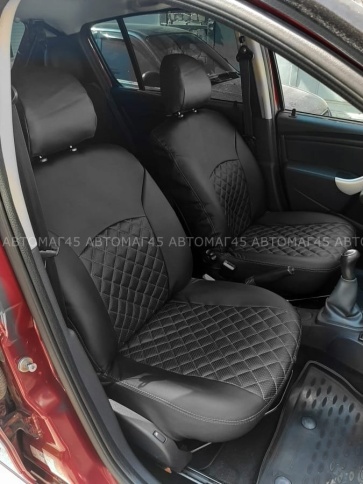 Авточехлы  Renault Logan Рено Логан 2004-2016г экокожа черная серая нить ромб    фото 4