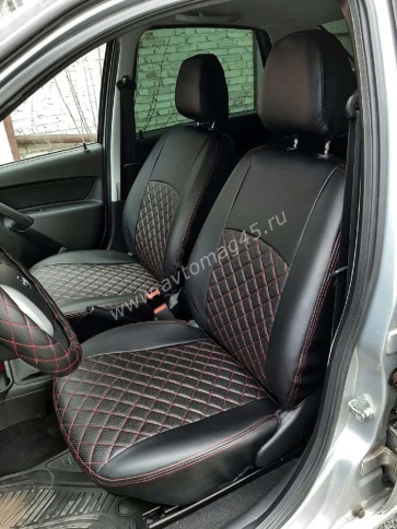 Авточехлы  Datsun Датсун 1/1 2/3 экокожа черная красная нить ромб    фото 1