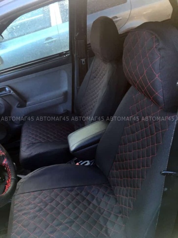 Авточехлы  ВАЗ 2110 Приора седан до 2014г жаккард черный с красной ниткой ромб Барс    фото 1