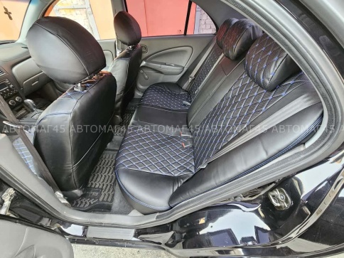 Авточехлы  Nissan Almera classic Ниссан Альмера классик 2006-2013г экокожа черный ромб синяя нить    фото 3