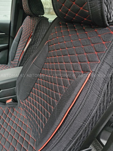 Чехлы  накидки на сиденье лен 2Д черный красная/оранжевая нитка комплект 5шт    фото 5
