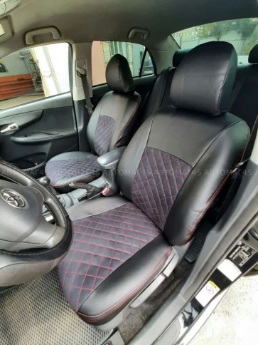 Авточехлы  Toyota Corolla Тойота Королла 2007-2013г кузов 150 экокожа алькант черная крас.нить ромб фото 2