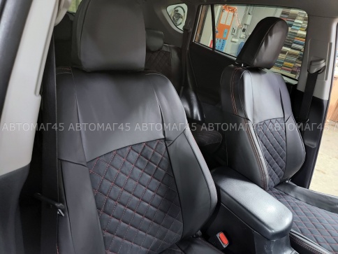 Авточехлы  Toyota RAV4 Тойота Рав4 2018-2025г XA50 экокожа алькантара черная красная нить ромб    фото 4