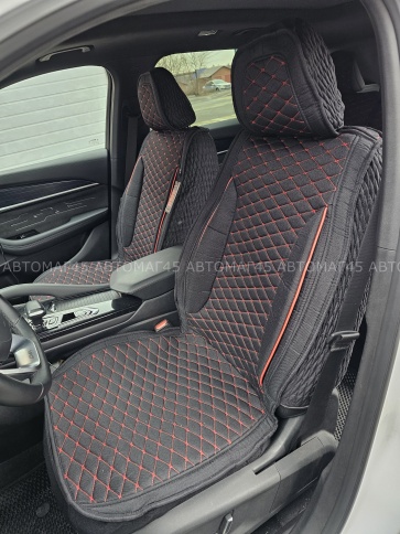 Чехлы  накидки на сиденье лен 2Д черный красная/оранжевая нитка комплект 5шт    фото 4