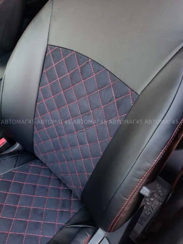 Авточехлы  Lada Vesta Лада Веста седан SW SW Cross экокожа алькантара черная с красной ниткой ромб   фото 5