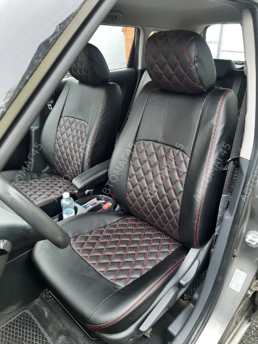 Авточехлы  Kia Soul Киа Соул 2018-2022г 3 поколение экокожа черная красная нить ромб    фото 2